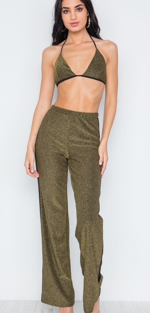 Two Piece Set Gold Green Street Set Bikini Crop